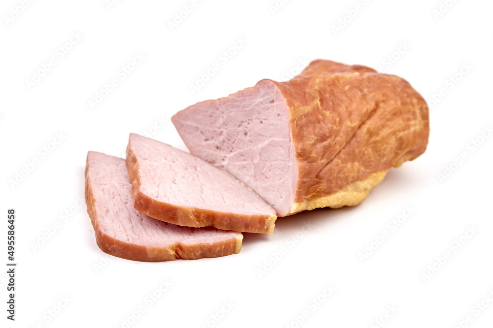 Smoked pork meat with slices isolated on white