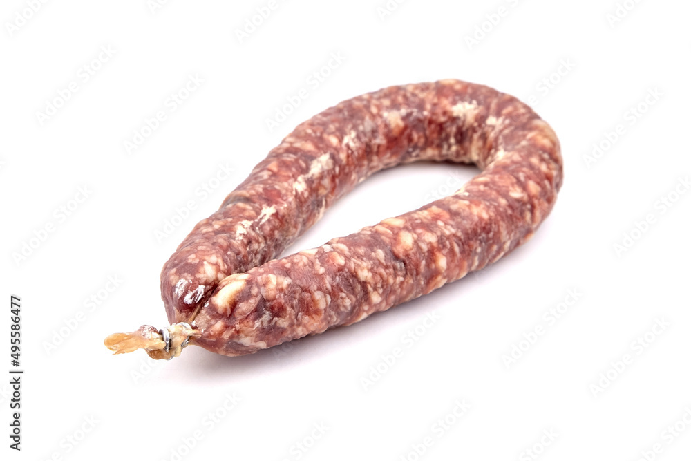 Dry cured pork sausage ring isolated on white Dry cured pork sausage ring isolated on white