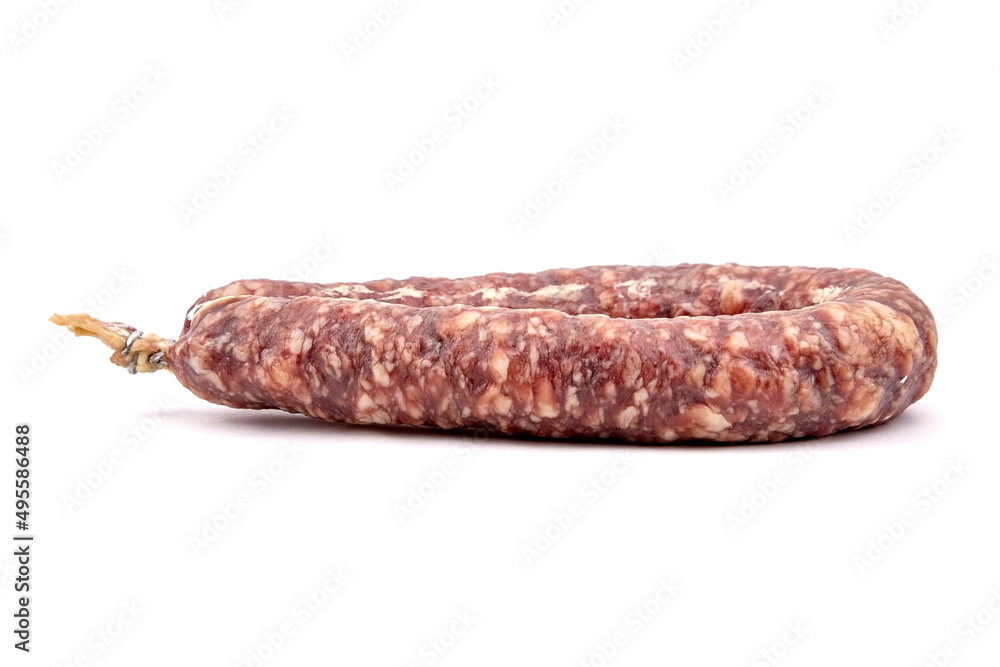 Dry cured pork sausage ring isolated on white Dry cured pork sausage ring isolated on white