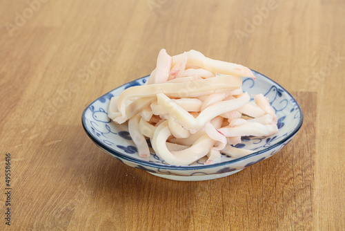 Marinated squid strips in the bowl
