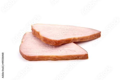 Smoked pork meat slices isolated on white