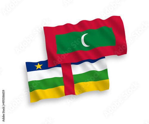 National vector fabric wave flags of Central African Republic and Maldives isolated on white background. 1 to 2 proportion.