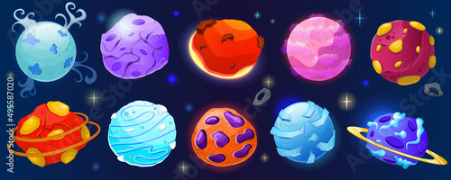 Cartoon spase planet clipart icon set with ice, fire and rock. Magic set planet with crater and rings. Cartoon vector illustration pack. Ui play design for cosmos game.