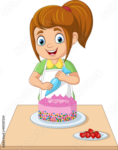 Cartoon girl decorating a birthday cake