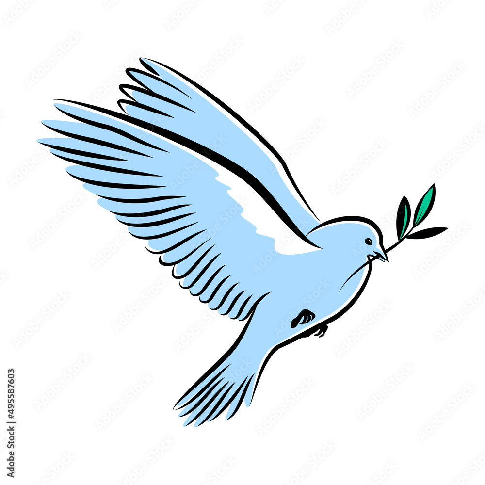 Fototapeta premium Silhouette of a flying dove with olive branch. Blue pigeon doodle. Vector illustration.