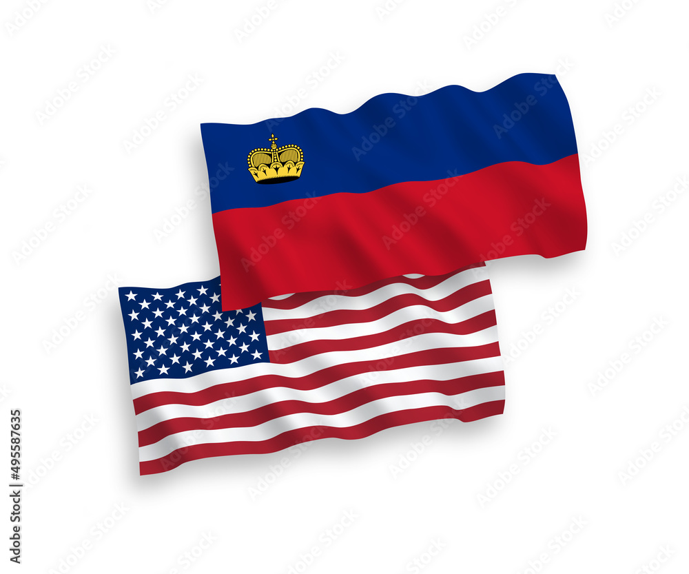 National vector fabric wave flags of Liechtenstein and USA isolated on white background. 1 to 2 proportion. National vector fabric wave flags of Liechtenstein and USA isolated on white background. 1 to 2 proportion.