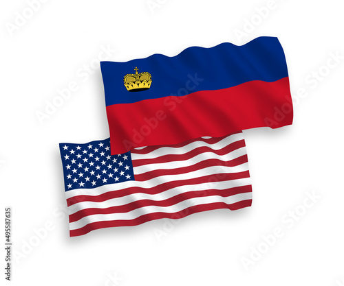 National vector fabric wave flags of Liechtenstein and USA isolated on white background. 1 to 2 proportion.