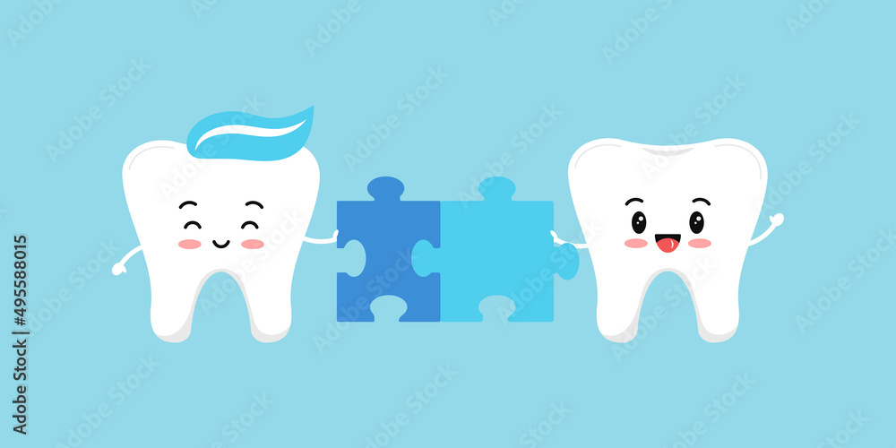 Cute teeth with connected puzzle piece. Flat design cartoon kawaii style smiling molar character vector illustration. Happy tooth holds puzzle part. Kids teeth education or challenge concept. Cute teeth with connected puzzle piece. Flat design cartoon kawaii style smiling molar character vector illustration. Happy tooth holds puzzle part. Kids teeth education or challenge concept.