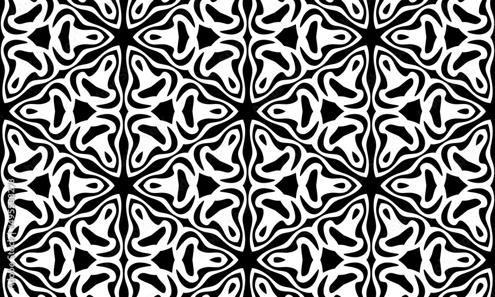Universal Abstract black and white seamless pattern (tiling). Monochrome geometric ornaments.Abstract geometric pattern with lines, rhombuses A seamless background. Black and white texture.