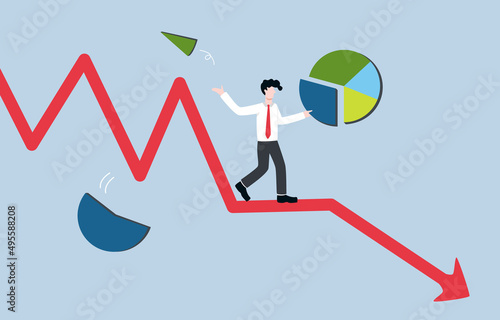 Modifying investment portfolio from stock market crash, financial crisis, or economic impact concept. Businessman investor adjust investment portfolio while standing on stock downtrend line. 