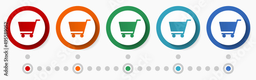 Shop, cart, buy concept vector icon set, flat design colorful buttons, infographic template in 5 color options