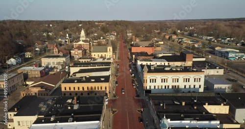 Downtown Ionia Michigan skyline with drone video moving forward. photo