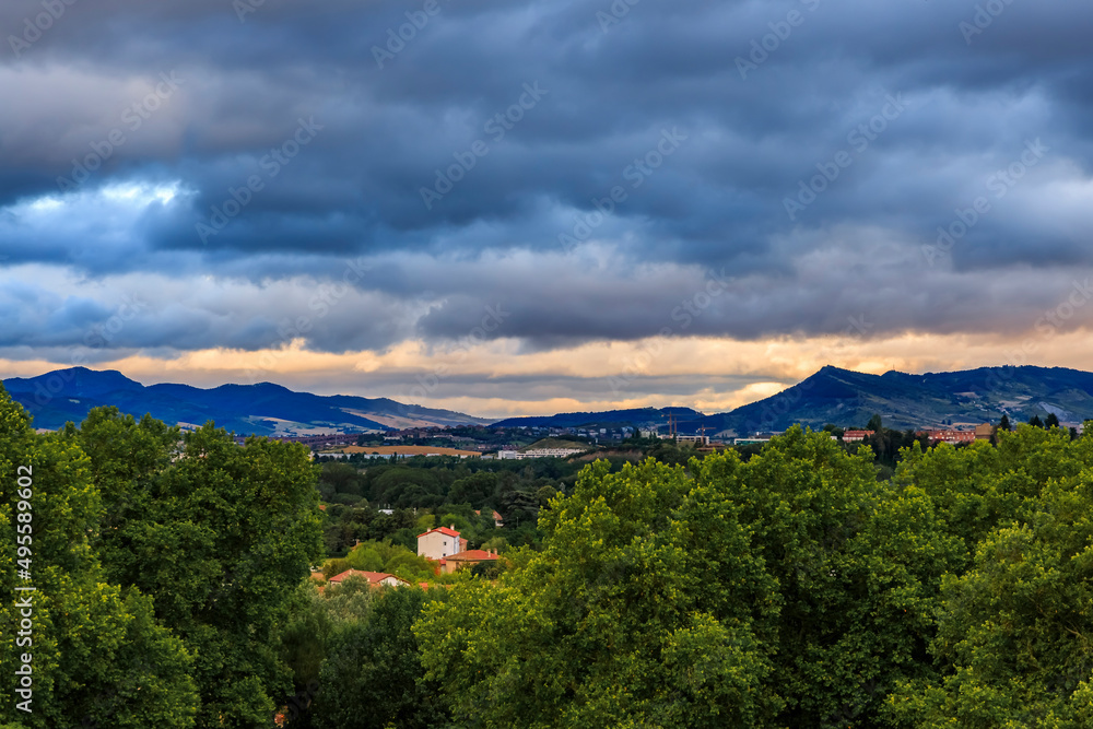 Landscape with the Pyrenees mountains in a suburb of Pamplona in Navarre, Spain
