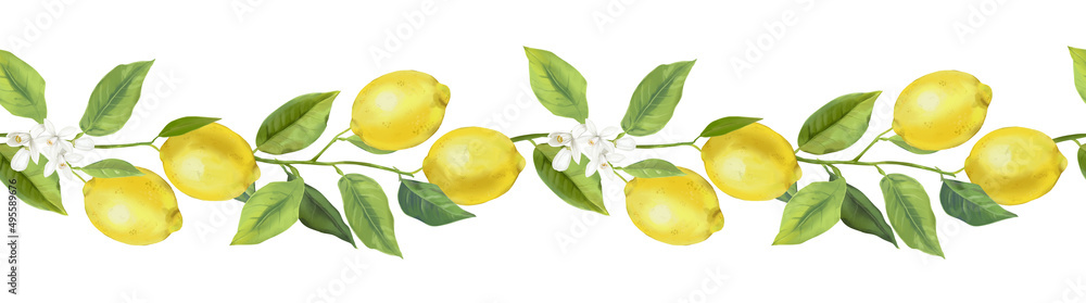 Seamless border with lemon fruits, citrus flowers, and branches. Hand drawn watercolor images - obrazy, fototapety, plakaty 