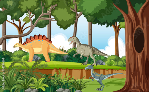 Prehistoric forest with dinosaur cartoon