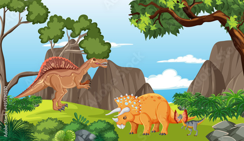 Nature scene with trees on mountains with dinosaur