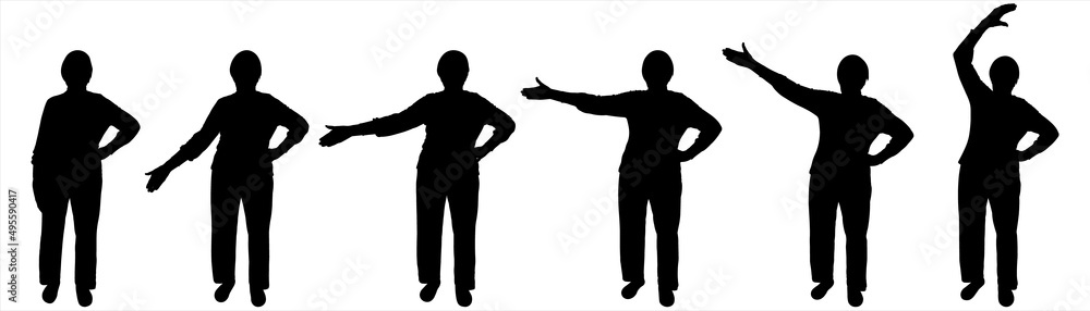 An older woman performs physical exercises. A woman in trousers and a blouse, with a short haircut on her head. Sport. Front view. Six black female silhouettes are isolated on a white background. An older woman performs physical exercises. A woman in trousers and a blouse, with a short haircut on her head. Sport. Front view. Six black female silhouettes are isolated on a white background.