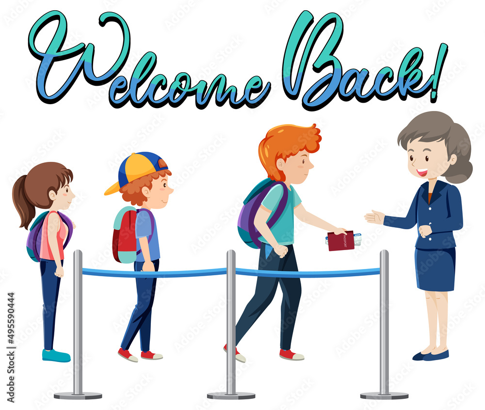 Welcome Back typography design with passengers and service staff Welcome Back typography design with passengers and service staff