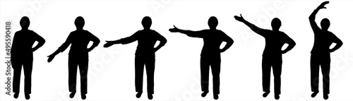 An older woman performs physical exercises. A woman in trousers and a blouse, with a short haircut on her head. Sport. Front view. Six black female silhouettes are isolated on a white background.