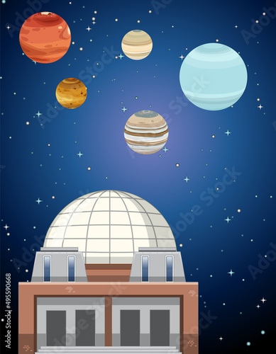 A planetarium with planet in the night sky