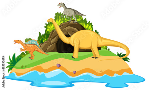 Scene with dinosaurs on island