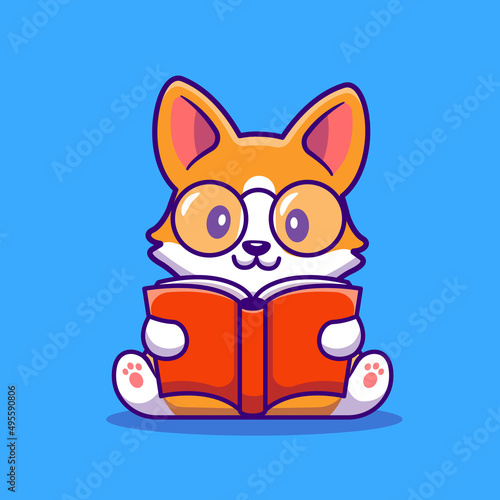 Cute Corgi Dog Reading Book Cartoon Vector Icon Illustration. Animal Education Icon Concept Isolated Premium Vector. Flat Cartoon Style