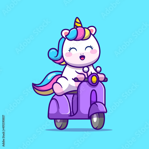 Cute Unicorn Riding Scooter Cartoon Vector Icon Illustration. Animal Transportation Icon Concept Isolated Premium Vector. Flat Cartoon Style