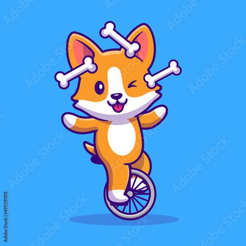 Cute Corgi Playing Bone With Bike Cartoon Vector Icon Illustration. Animal Sport Icon Concept Isolated Premium Vector. Flat Cartoon Style