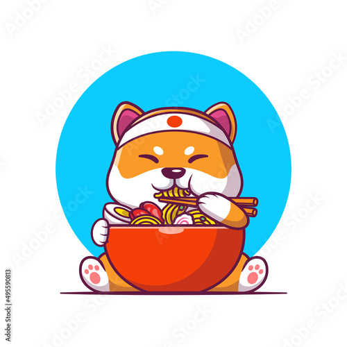 Cute Shiba Inu Eating Ramen Noodle Cartoon Vector Icon Illustration. Animal Food Icon Concept Isolated Premium Vector. Flat Cartoon Style