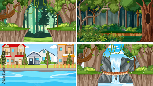 Nature scene with many trees and waterfall