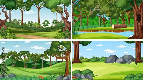 Four forest scenes with trees and river