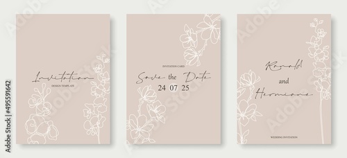 Floral Invitation Card Template. Set of Minimalist Hand Drawn Wedding Invitation with Flower Rose. Blue Blossom Template Design for Card, Flyer, Greeting, Banner, Cover. Vector EPS 10