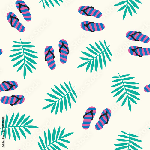 Flip flop summer sandals palm leaves seamless vector pattern. Repeating background summer tropical beach theme. Use for fabric, beachwear, kids decor, Hawaiian decor, summer surface pattern design..
