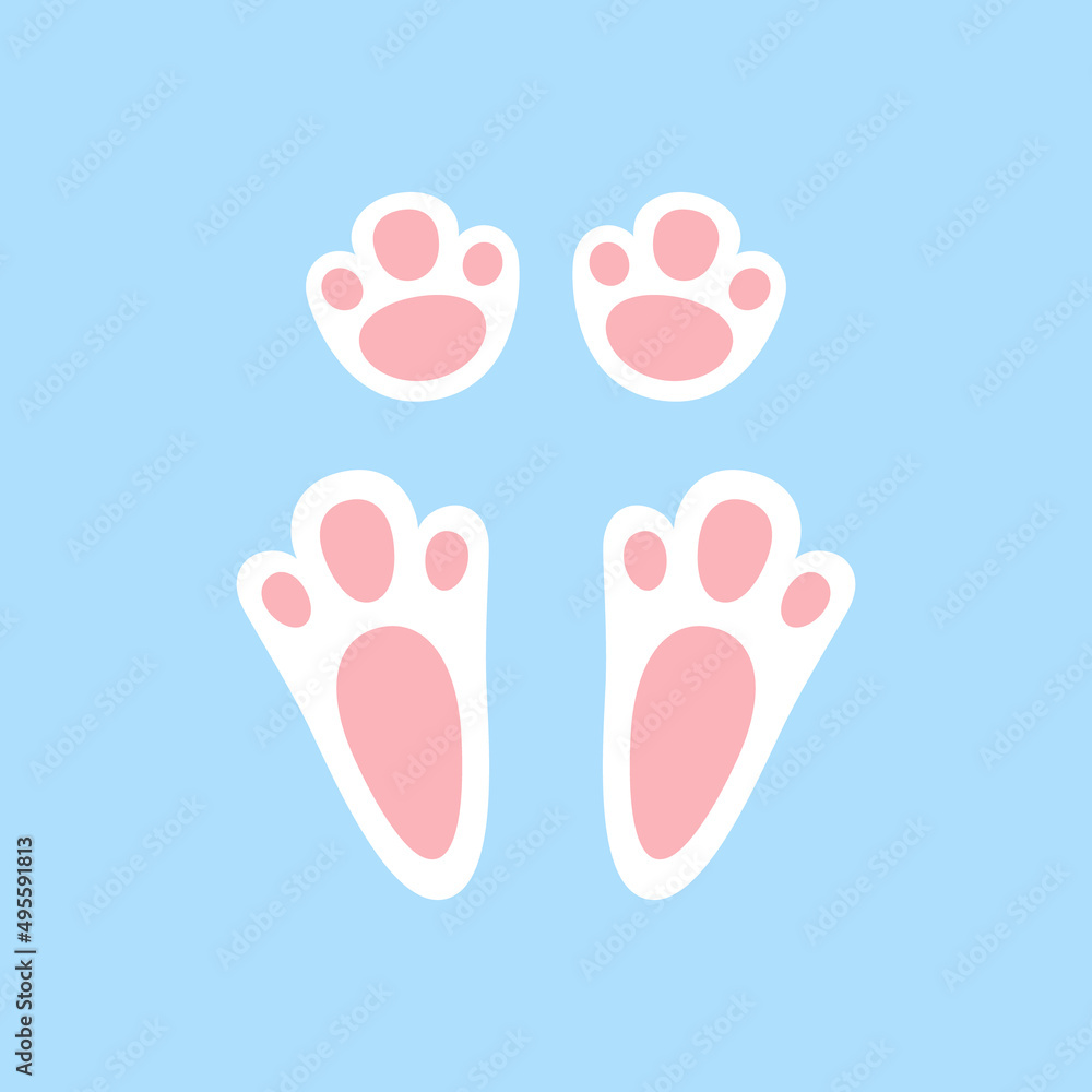 Cute easter bunny paw. Rabbit or hare footprint. Bunny foot prints on snow. Hare steps track. Vector illustration isolated on blue background in flat style. Cute easter bunny paw. Rabbit or hare footprint. Bunny foot prints on snow. Hare steps track. Vector illustration isolated on blue background in flat style.