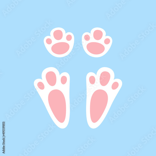 Cute easter bunny paw. Rabbit or hare footprint. Bunny foot prints on snow. Hare steps track. Vector illustration isolated on blue background in flat style.