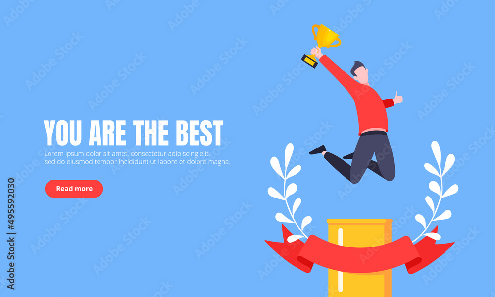 Best worker employee winner with trophy cup inside award ribbon and floral wreath flat style design vector illustration. Employee of the month, talent award, best worker competition prize. Best worker employee winner with trophy cup inside award ribbon and floral wreath flat style design vector illustration. Employee of the month, talent award, best worker competition prize.