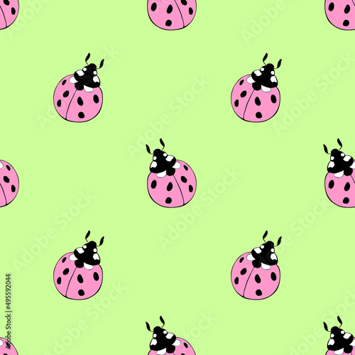 Vector seamless pattern of cute pink ladybugs in flat style. Background and texture on theme of nature, spring, summer, children print, isolated