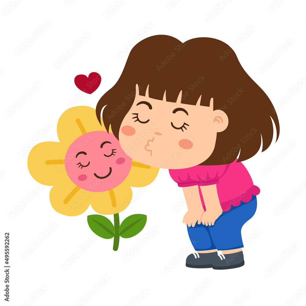 Kid girl smelling flower vector illustration Kid girl smelling flower vector illustration