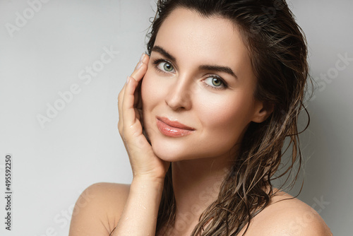 Print op canvas Young and beautiful woman with wet body and hair
