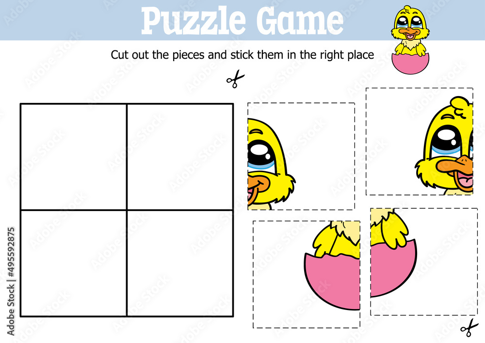 Vector educational kids puzzle game to cut and stick pieces with cartoon duckling character