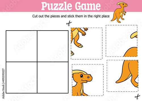 Vector educational kids puzzle game to cut and stick pieces with cartoon dino parasaurolophus character