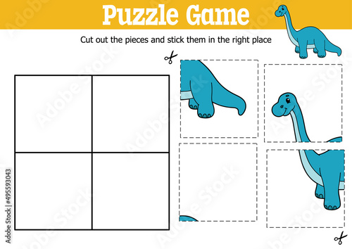 Vector educational kids puzzle game to cut and stick pieces with cartoon dino diplodocus character