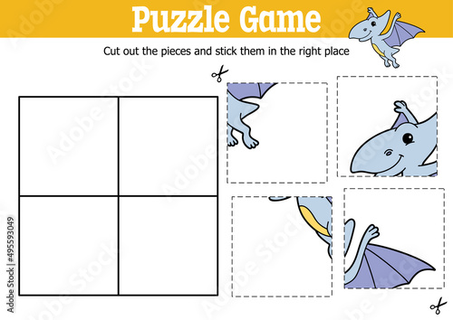 Vector educational kids puzzle game to cut and stick pieces with cartoon pteranodon character