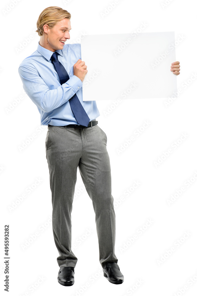I might have what youre looking for. Full length shot of a handsome young businessman standing alone in the studio and holding a blank poster.