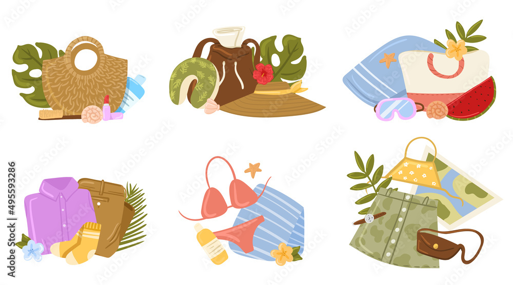 Fototapeta premium Tourist bag and accessories set. Collection of items for vacation or journey decorated by tropical leaves, shells and flowers isolated. Clothes, accessories, shoes and suitcase for tourism