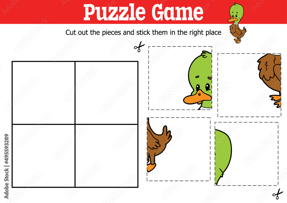 Vector educational kids puzzle game to cut and stick pieces with wild duck cartoon character