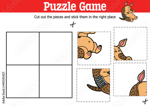 Vector educational kids puzzle game to cut and stick pieces with cartoon armadillo character