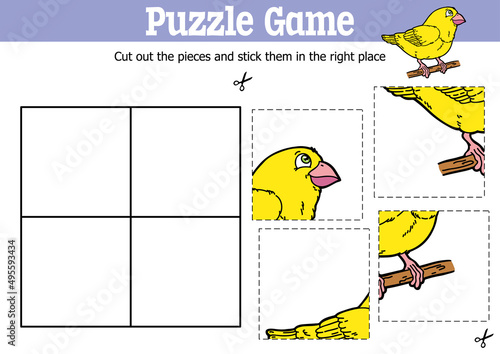 Vector educational kids puzzle game to cut and stick pieces with cartoon canary character
