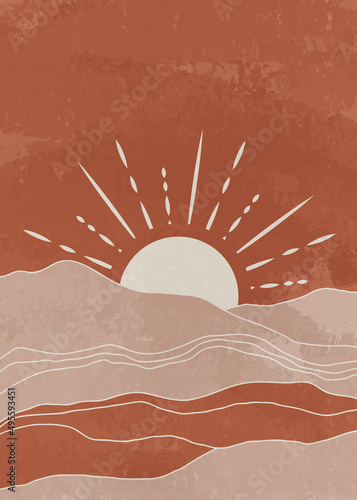 Mid century modern poster vector boho poster in terracotta colors with sunrise for print, wall art, bedroom decor. Boho wall decor morning scenery Vector sunrise or sunset scene painting image