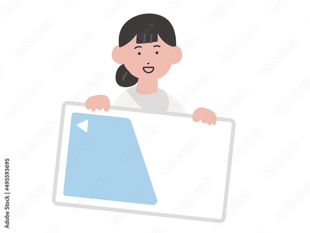 ICカードを手に持つ女性のイラスト
